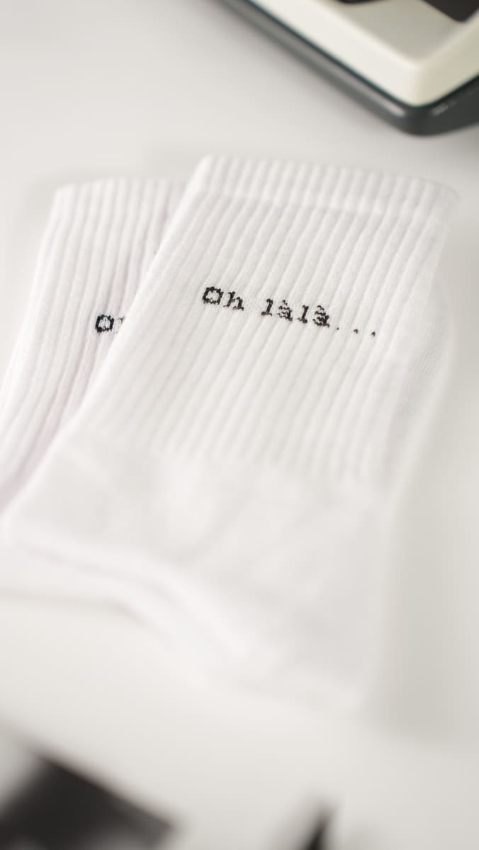 oh lala statementsocken von arrel liegend mit Schreibmaschine