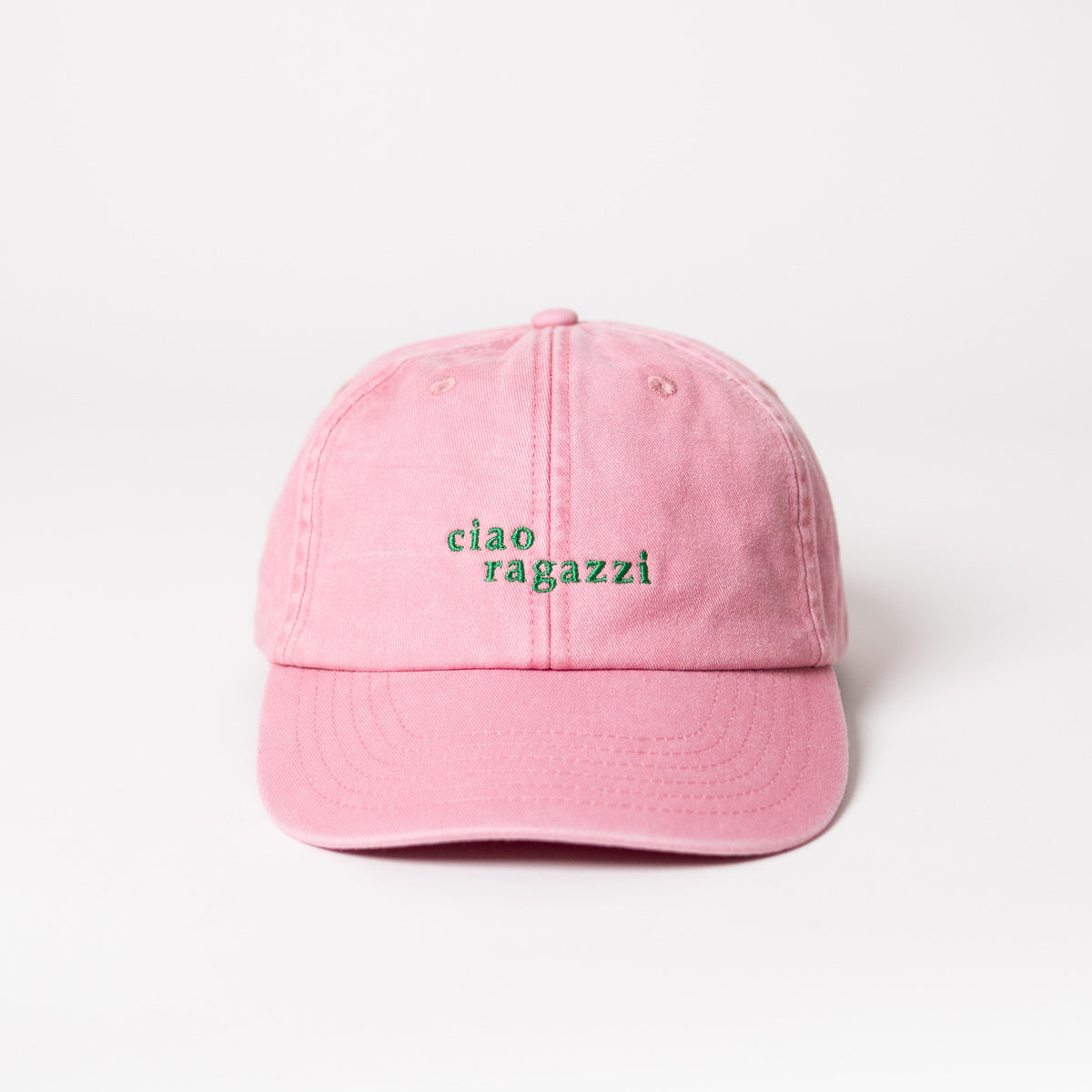 ciao ragazzi dad cap von arrel in vintage pink mit grüner Schrift
