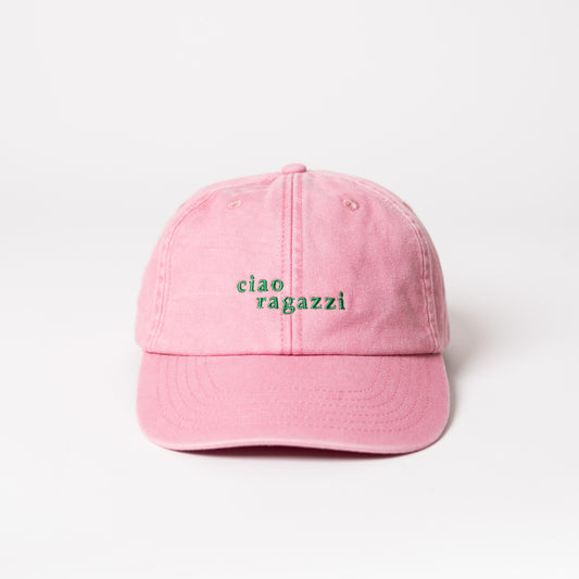 ciao ragazzi dad cap von arrel in vintage pink mit grüner Schrift