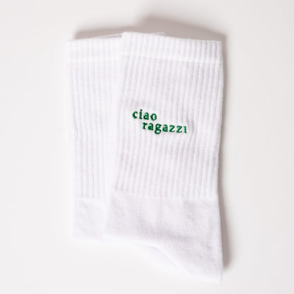 weiße ciao ragazzi Statement Socken von arrel mit grünem Design