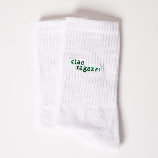 weiße ciao ragazzi Statement Socken von arrel mit grünem Design