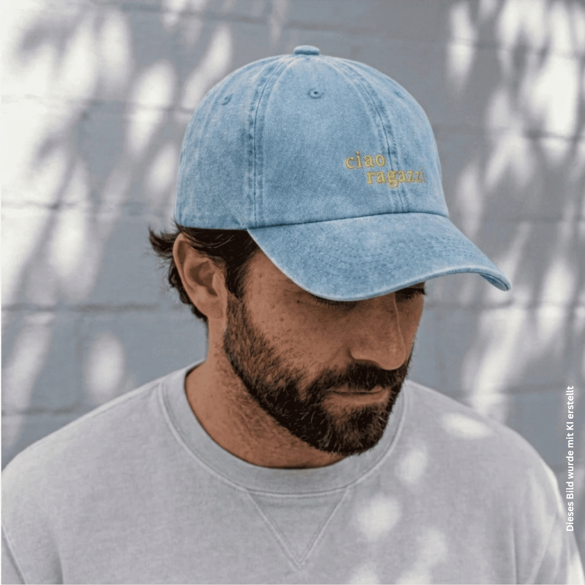 ciao ragazzi Cap in vintage Jeans blue mit gelber Schrift am KI Model