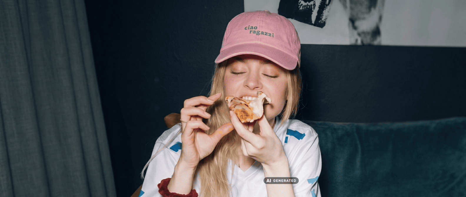 Ki generiertes Bild von Frau mit pinker ciao ragazzi Cap, die ein Stück Pizza isst