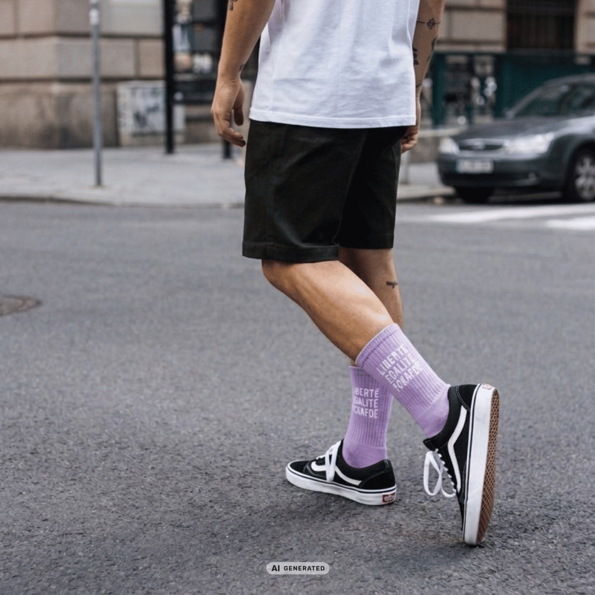 fcakfd Socken in lila von einem Mann getragen. Bild mit KI erstellt. 