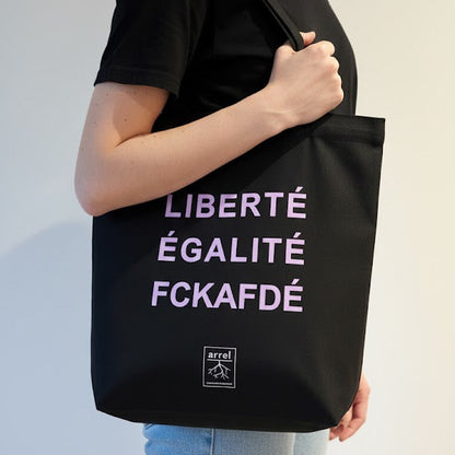 fckafd tote bag in schwarz mit lila Schrift